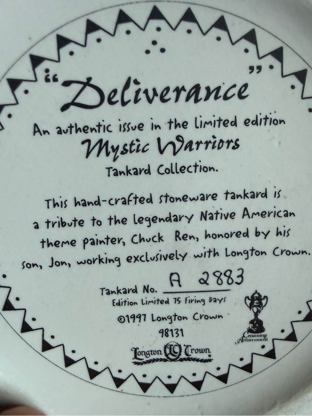 Vintage 1997 Longton Crown Chuck Ren "Deliverance" Beer Stein Tankard⁠ - Picture 3 of 8